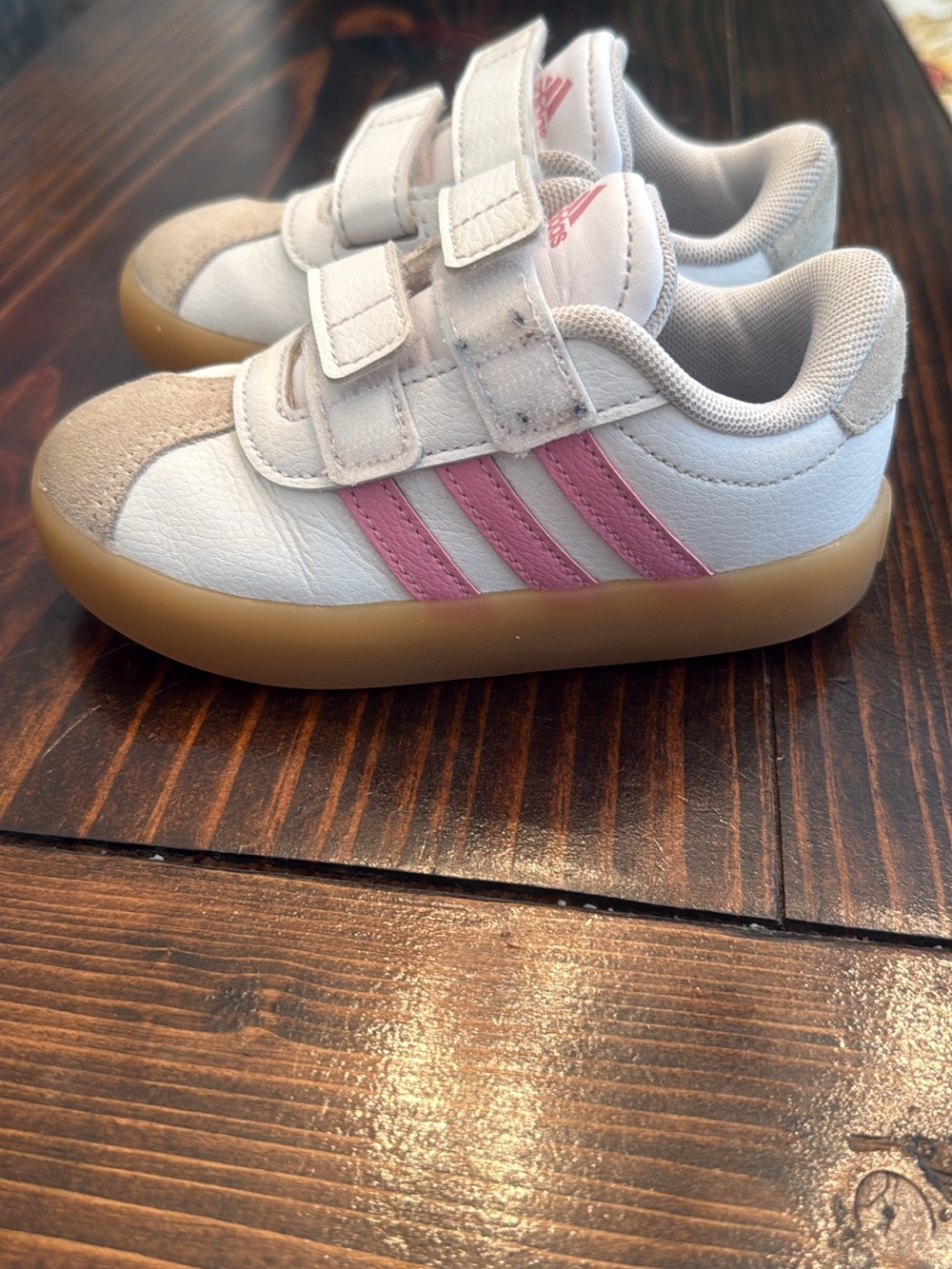 adidas Kids White & Pink Velcro Sneakers with Gum Sole